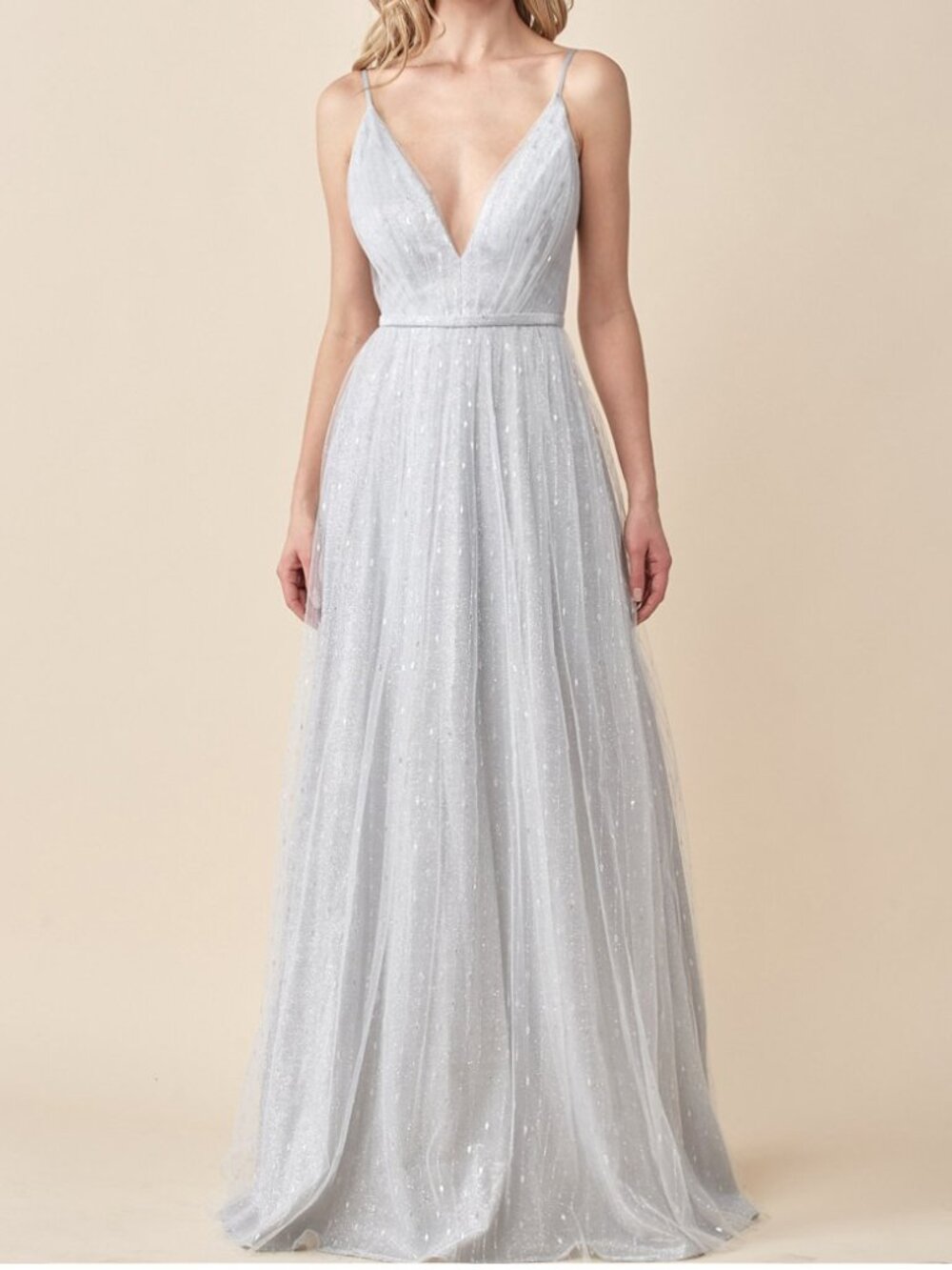 Silver Spaghetti Strap Tulle Swiss Dot Sparkle Formal Dress 4